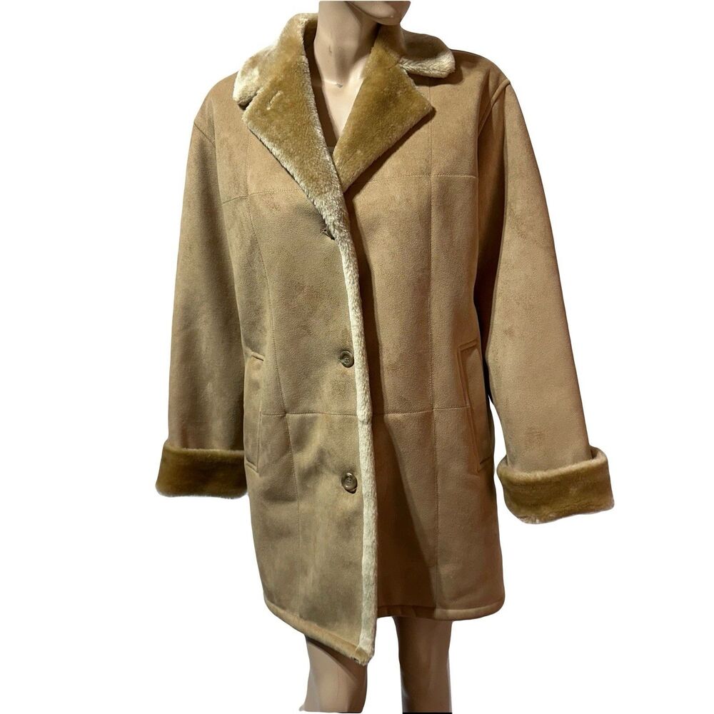 Fleet Street VTG 90s Penny Lane Coat Size L Large Tan Faux Suede Plush Fur Lined